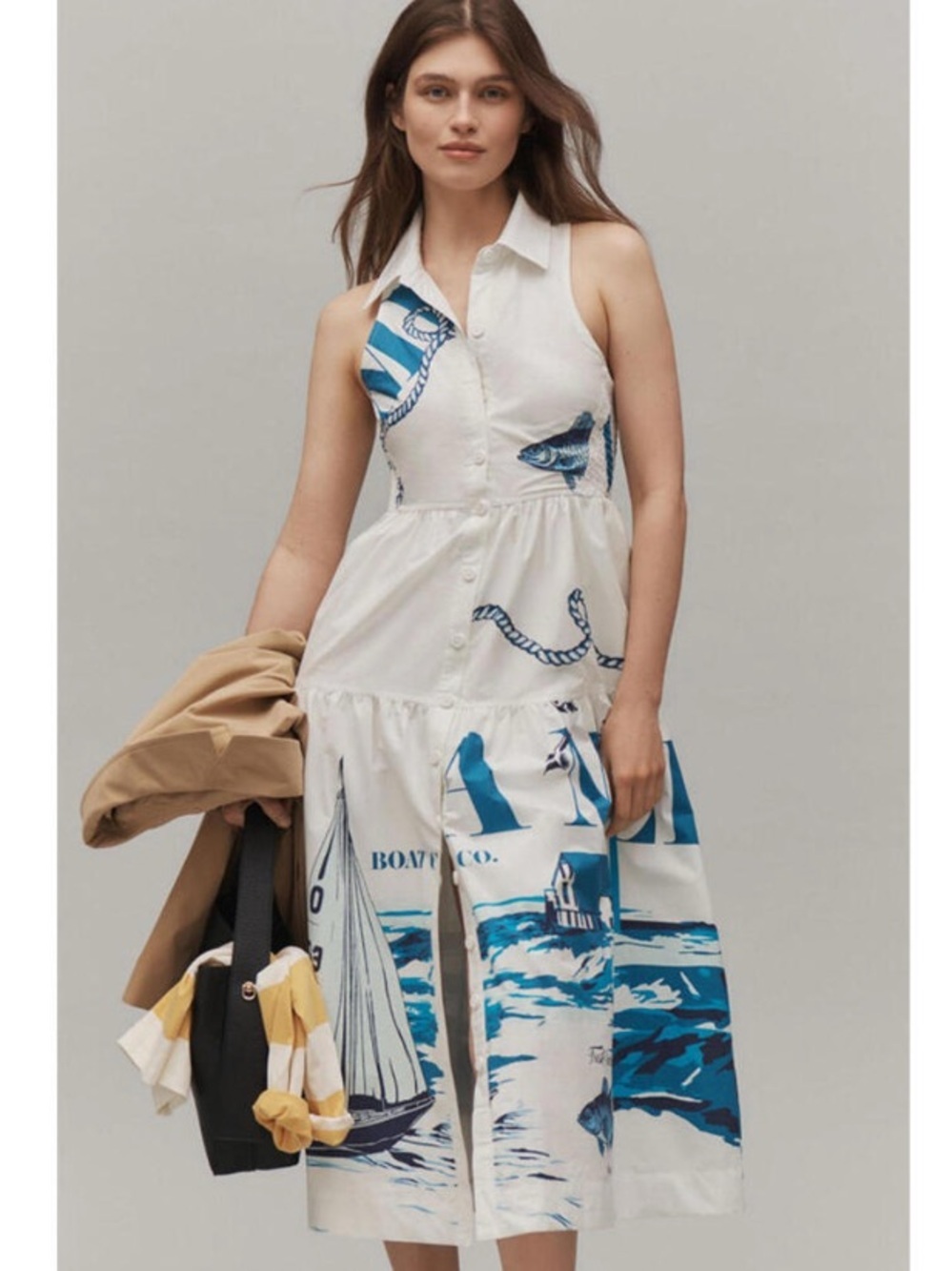 Anthropologie Maeve Sleeveless Midi Shirt Dress Size Small Blue White Nautical